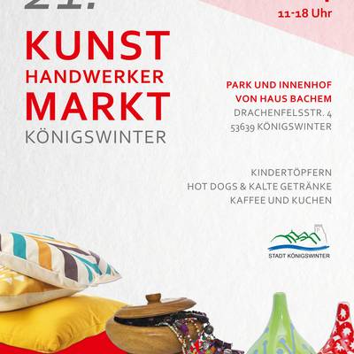 Plakat mit roter Schrift, Schmuck, Töpferwaren und Infos zum Markt