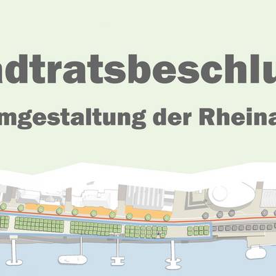 Entwurfsgrafik mit dem Text "Stadtratsbeschluss zur Umgestaltung der Rheinallee"