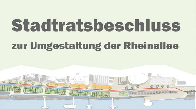 Entwurfsgrafik mit dem Text "Stadtratsbeschluss zur Umgestaltung der Rheinallee"